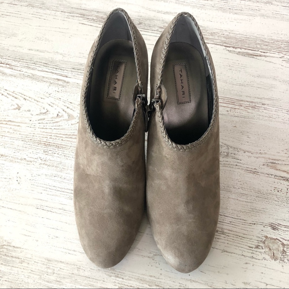 TAHARI Taupe Suede Rosalee Braid Ankle Booties 8 - Picture 9 of 13